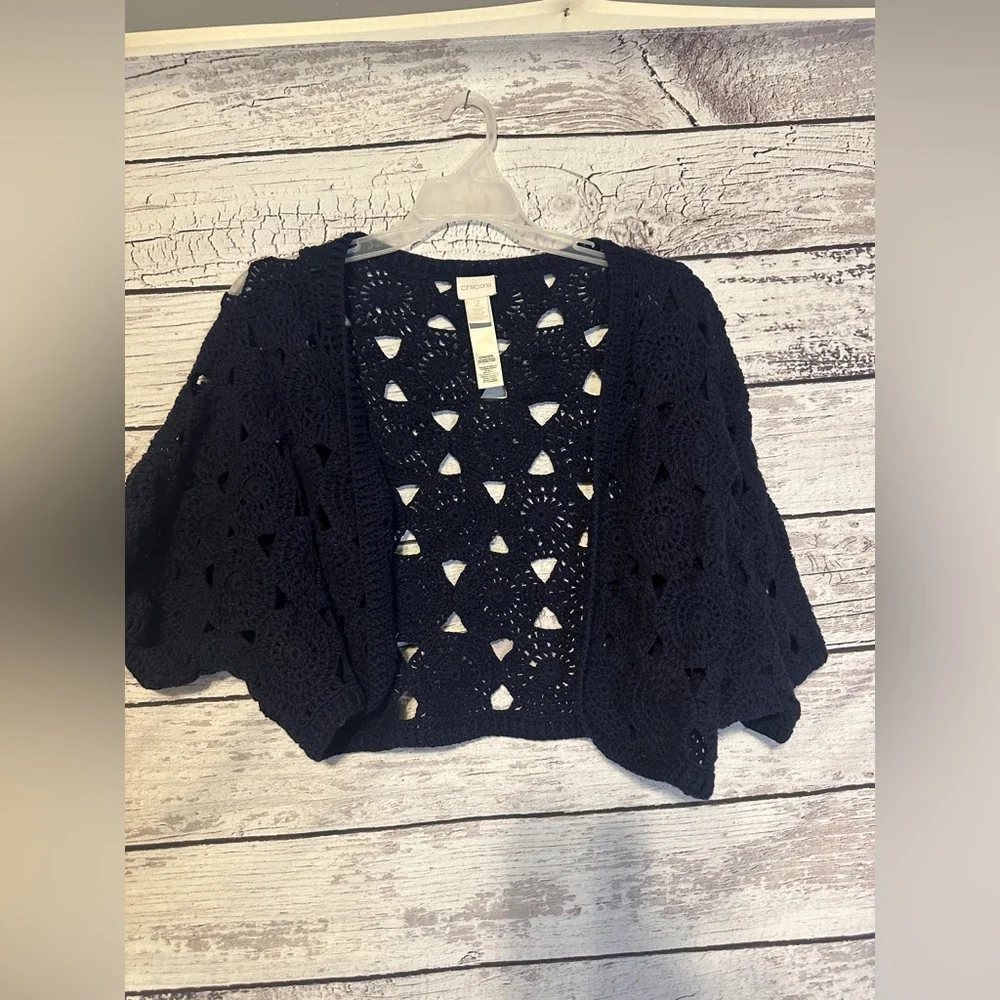 Chico’s Navy Blue Crochet Open Front Cardigan Shrug Size 2 (L) - Picture 1 of 4